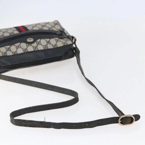 GUCCI GG Canvas Sherry Line Shoulder Bag PVC Leather Navy Red Auth - Picture 6 of 15